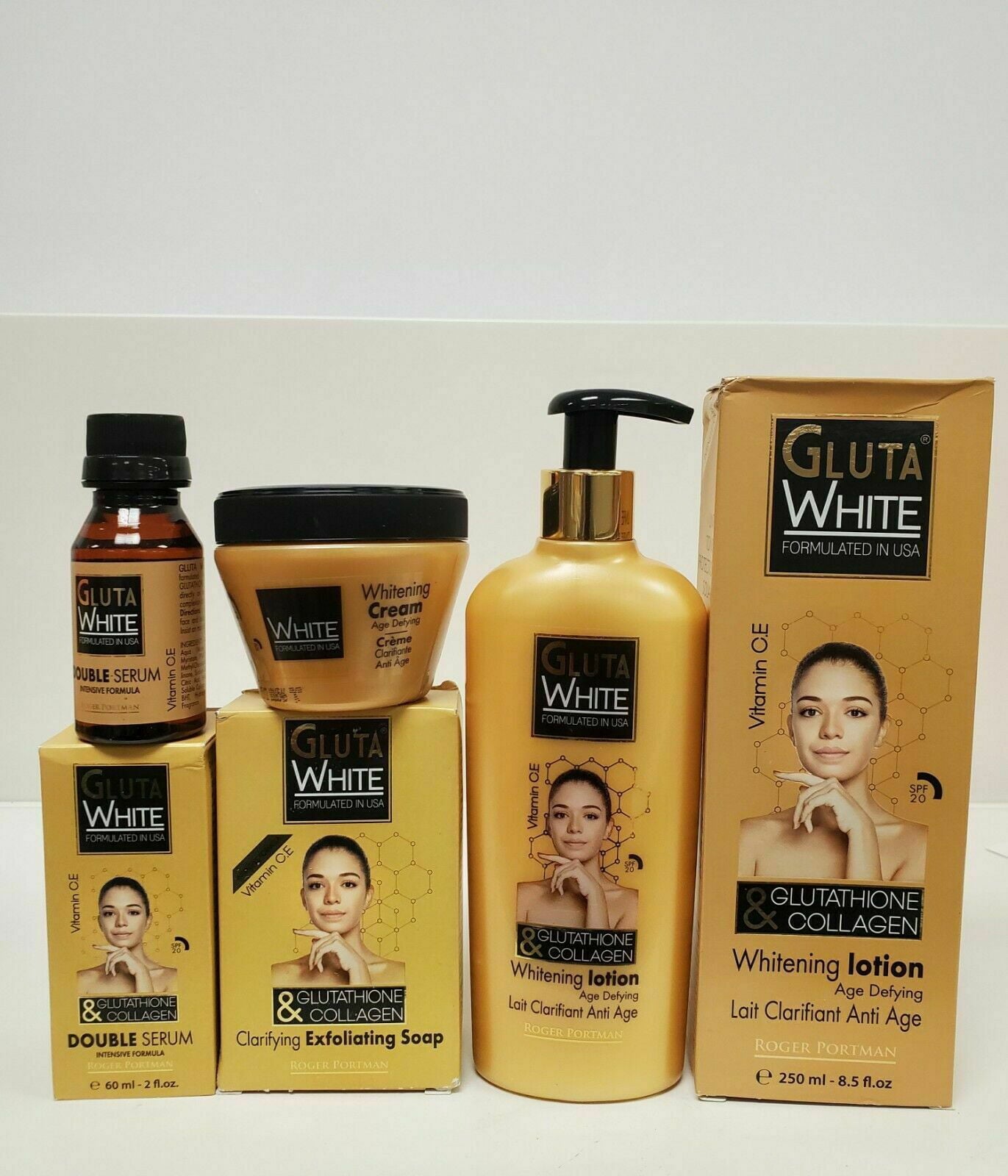 GLUTA WHITE LOTION + CREAM + SOAP + SERUM & GLUTATHIONE COLLAGEN FULL SET